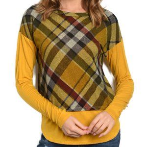 Top NWT MEDIUM Knit Yellow Mustard Plaid Long Sleeve T-shirt casual tee